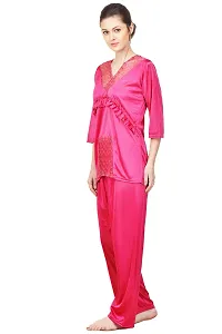 Silky Satin Top And Pyjama Set - Pink (Size - Free )-thumb2