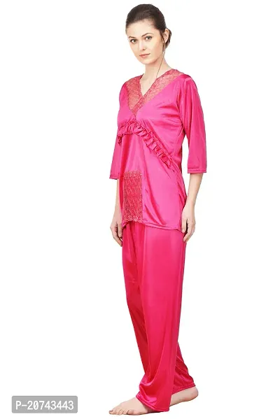 Silky Satin Top And Pyjama Set - Pink (Size - Free )-thumb3