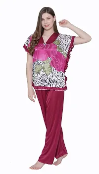 Floral Print Satin Top and Long Leg Pyjama Set - Maroon (Size - Free )-thumb3