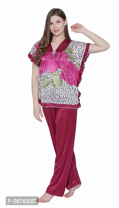 Floral Print Satin Top and Long Leg Pyjama Set - Maroon (Size - Free )-thumb4