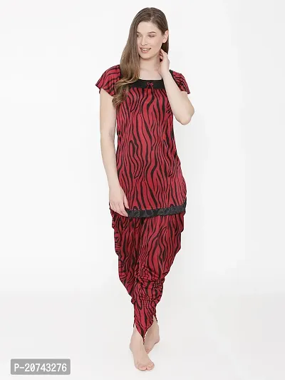 Tiger Print Satin Short Sleeve Top and Long Leg Dhoti Set - Maroon (Size - Free )-thumb0