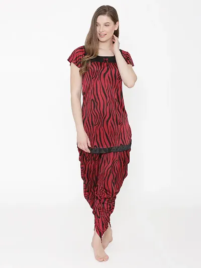 Premium Printed Satin Short Sleeve Top and Long Leg Dhoti Se/Night Suit Set For Women
