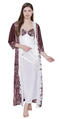 Floral Print Satin Nighty and Robe Set - Brown (Size - Free )-thumb4