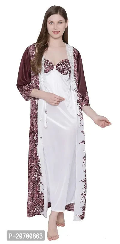 Floral Print Satin Nighty and Robe Set - Brown (Size - Free )-thumb5