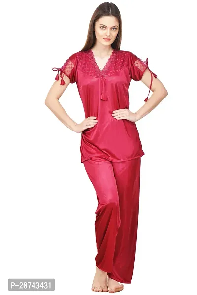 Silky Satin Top And Pyjama Set - Maroon (Size - Free )-thumb0