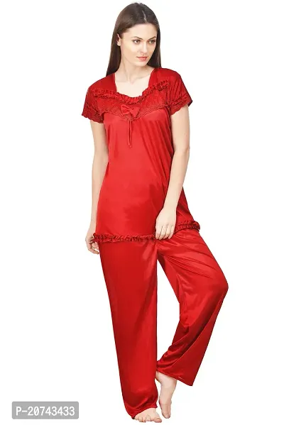 Silky Satin Top And Pyjama Set - Maroon (Size - Free )-thumb0