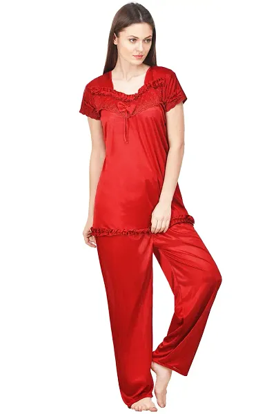 Silky Satin Top And Pyjama Set - (Size - Free )