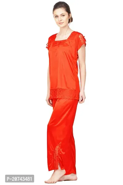 Silky Satin Top And Pyjama Set - Red (Size - Free )-thumb3