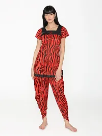 Tiger Print Satin Short Sleeve Top and Long Leg Dhoti Set - Red (Size - Free )-thumb3