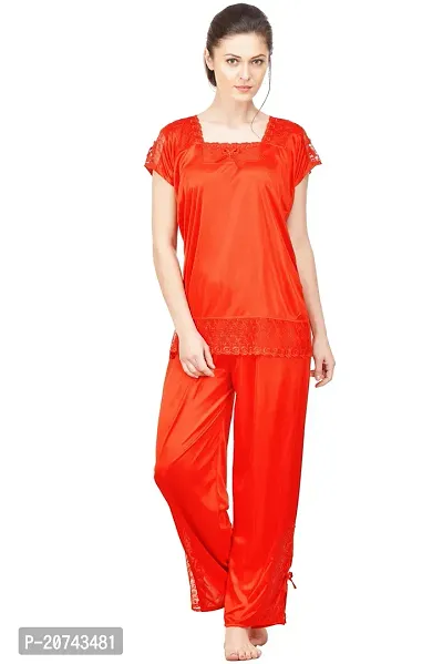 Silky Satin Top And Pyjama Set - Red (Size - Free )