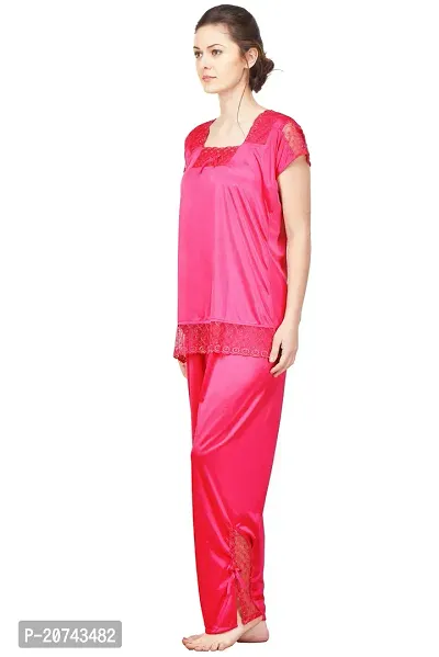 Silky Satin Top And Pyjama Set - Pink (Size - Free )-thumb3