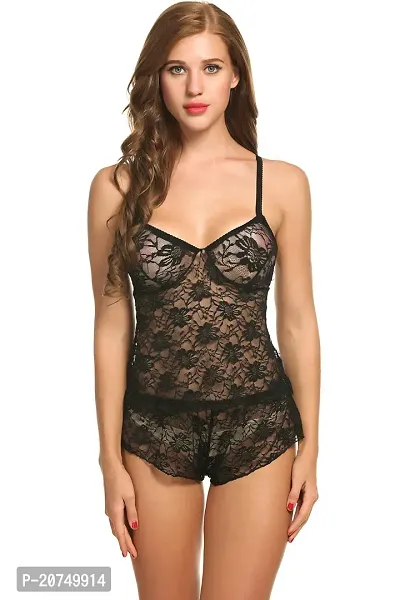 Solid Lace Babydoll Dress -Black (Size - Free )-thumb3