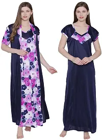 Floral Print Satin Nighty and Robe Set - Multicolor (Size - Free )-thumb1