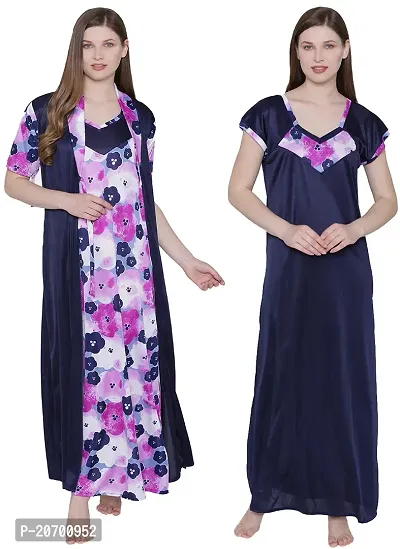 Floral Print Satin Nighty and Robe Set - Multicolor (Size - Free )-thumb2