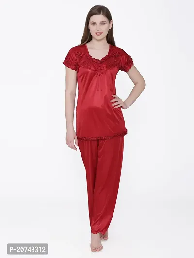 Silky Satin Top And Pyjama Set - Maroon (Size - Free )