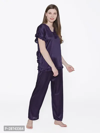 Silky Satin Top And Pyjama Set - Purple (Size - Free )-thumb0