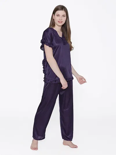 Silky Satin Top And Pyjama Set/Night Suit For Women