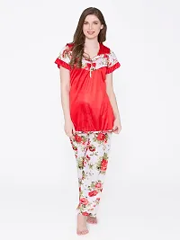 Floral Print Satin Top and Long Leg Pyjama Set - Red (Size - Free )-thumb3