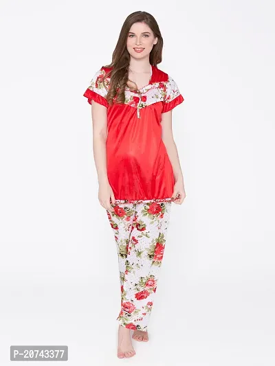 Floral Print Satin Top and Long Leg Pyjama Set - Red (Size - Free )-thumb4