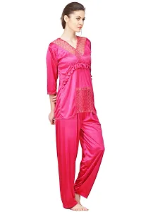 Silky Satin Top And Pyjama Set - Pink (Size - Free )-thumb1