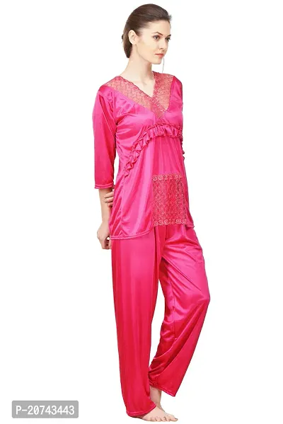 Silky Satin Top And Pyjama Set - Pink (Size - Free )-thumb2