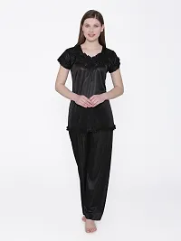 Silky Satin Top And Pyjama Set - Black (Size - Free )-thumb1