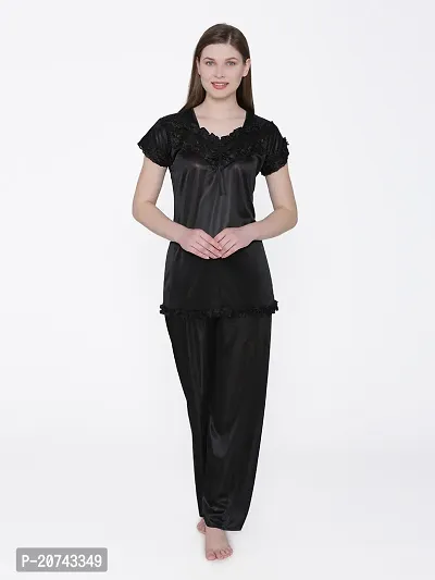 Silky Satin Top And Pyjama Set - Black (Size - Free )-thumb2