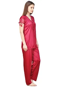 Silky Satin Top And Pyjama Set - Maroon (Size - Free )-thumb1