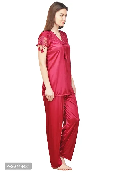 Silky Satin Top And Pyjama Set - Maroon (Size - Free )-thumb2