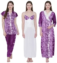 Floral Print Satin Nighty, Robe, Shirt And Pyjama Set - Purple (Size - Free )-thumb3