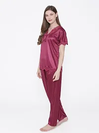 Silky Satin Top And Pyjama Set - Maroon (Size - Free )-thumb3