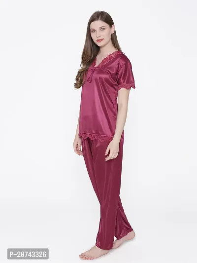 Silky Satin Top And Pyjama Set - Maroon (Size - Free )-thumb4