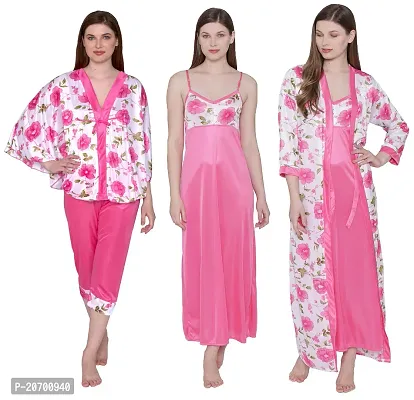 Floral Print Satin Nighty and Robe Set - Pink (Size - Free )-thumb0