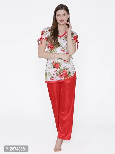Floral Print Satin Top and Long Leg Pyjama Set - Red (Size - Free )