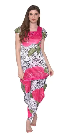 Floral Print Satin Short Sleeve Top and Long Leg Dhoti Set - Pink (Size - Free )-thumb1