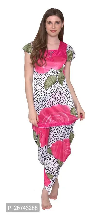 Floral Print Satin Short Sleeve Top and Long Leg Dhoti Set - Pink (Size - Free )-thumb2