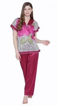 Floral Print Satin Top and Long Leg Pyjama Set - Maroon (Size - Free )-thumb2