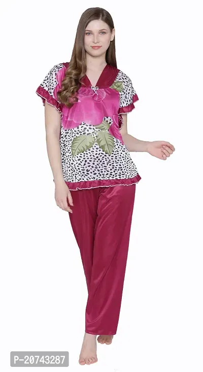 Floral Print Satin Top and Long Leg Pyjama Set - Maroon (Size - Free )-thumb3