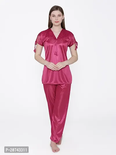 Silky Satin Top And Pyjama Set - Maroon (Size - Free )-thumb2