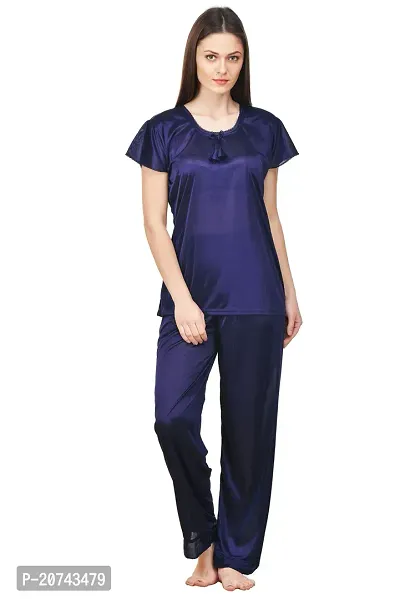 Silky Satin Top And Pyjama Set - Navy Blue (Size - Free )-thumb0