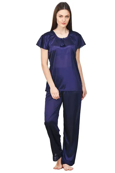 Silky Satin Top And Pyjama Set - (Size - Free )