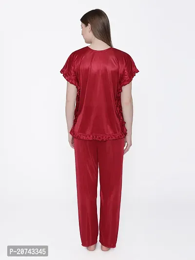 Silky Satin Top And Pyjama Set - Maroon (Size - Free )-thumb5