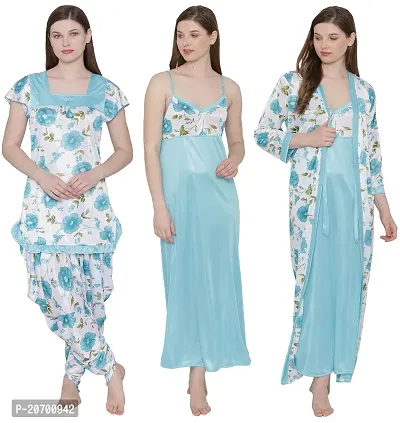 Floral Print Satin Nighty and Robe Set - Light Blue (Size - Free )