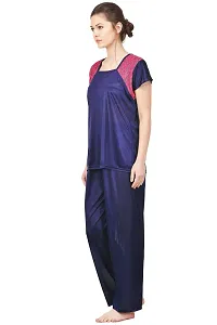 Silky Satin Top And Pyjama Set - Navy Blue (Size - Free )-thumb2