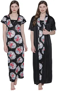 Floral Print Satin Nighty and Robe Set - Multicolor (Size - Free )-thumb1