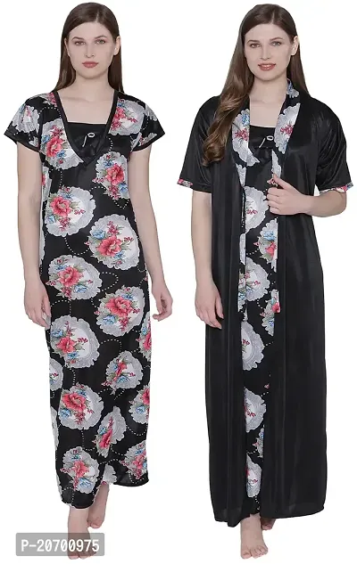 Floral Print Satin Nighty and Robe Set - Multicolor (Size - Free )-thumb2