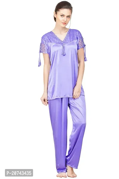 Silky Satin Top And Pyjama Set - Blue (Size - Free )-thumb0