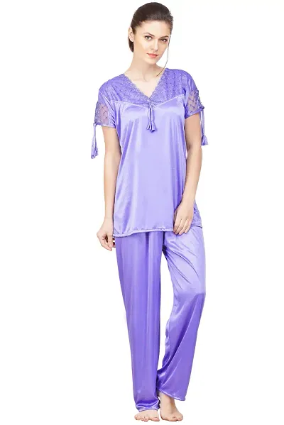 Silky Satin Top And Pyjama Set - (Size - Free )