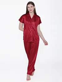 Silky Satin Top And Pyjama Set - Maroon (Size - Free )-thumb1