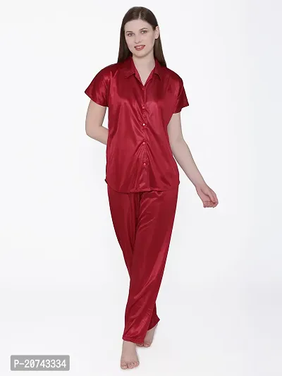 Silky Satin Top And Pyjama Set - Maroon (Size - Free )-thumb2